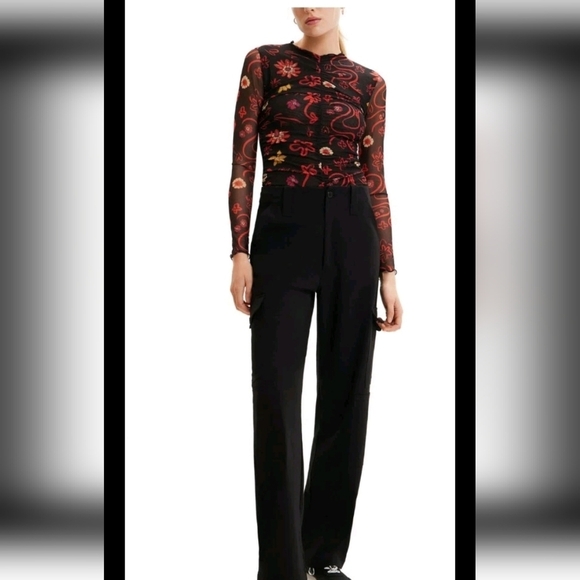 Desigual Womens Tulle Ruched Floral Artistic Long Sleeve Colorful Bodysuit L - Picture 2 of 15